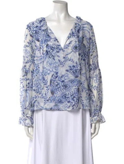 Pre-owned Misa Printed V-neck Blouse In Blue