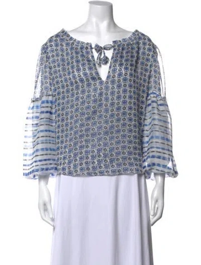 Pre-owned Misa Printed V-neck Blouse In Blue