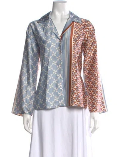 Pre-owned Misa Printed V-neck Blouse In Blue