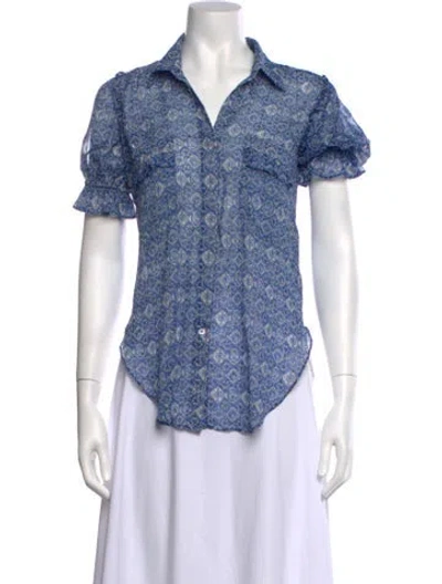 Pre-owned Misa Printed V-neck Blouse In Blue
