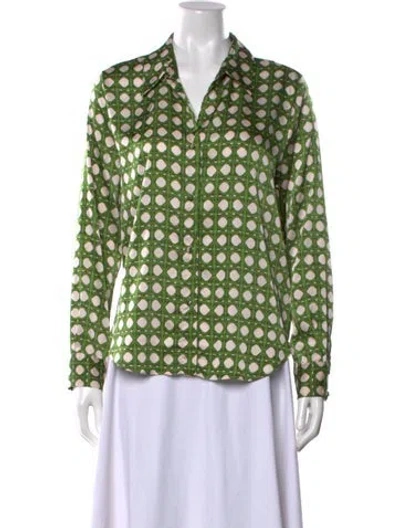 Pre-owned Misa Printed V-neck Blouse In Green