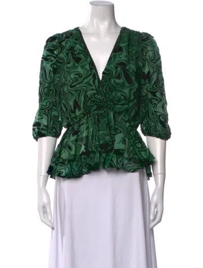 Pre-owned Misa Printed V-neck Blouse In Green
