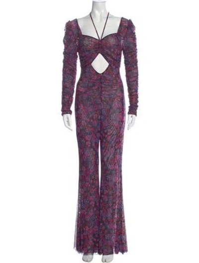 Pre-owned Misa Printed V-neck Jumpsuit In Purple