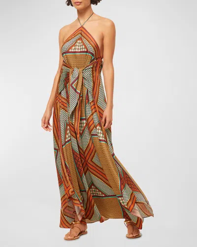 Misa Raban Scarf-print Tie-waist Long Halter Dress In Positano Scarf