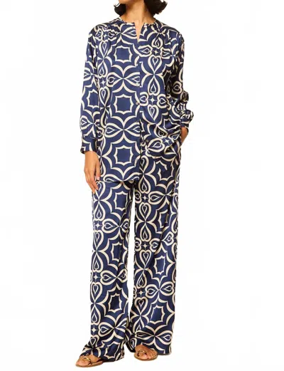 Misa Reshma Pant In Blue Mosaic Tile Satin