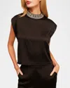 Misa Riley Satin Embellished-collar Top In Black Satin