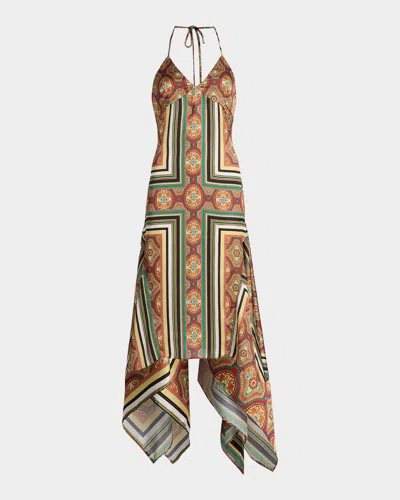 Misa Sheila Printed Satin Handkerchief Midi Dress In Multi