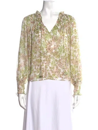 Pre-owned Misa Silk Floral Print Blouse In White