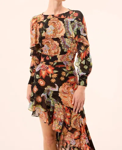 Misa Silvana Long Sleeve Top In Fiery Flora Chiffon In Black