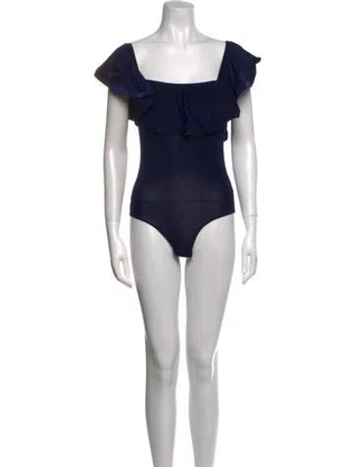 Pre-owned Misa Square Neckline Short Sleeve Bodysuit In Blue