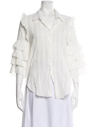 Pre-owned Misa Striped Three-quarter Sleeve Blouse In White