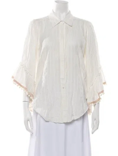 Pre-owned Misa Striped Three-quarter Sleeve Blouse In White