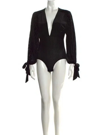 Pre-owned Misa Striped V-neck Bodysuit In Black