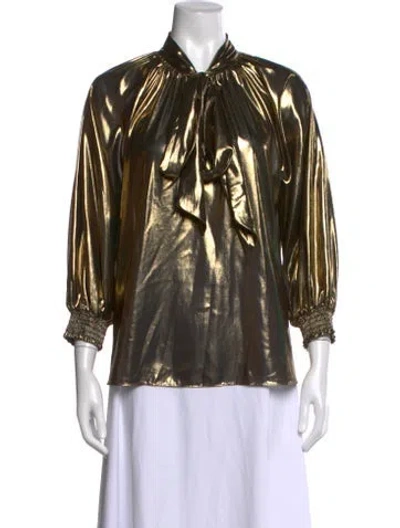 Pre-owned Misa Tie Neck Long Sleeve Blouse In Gold