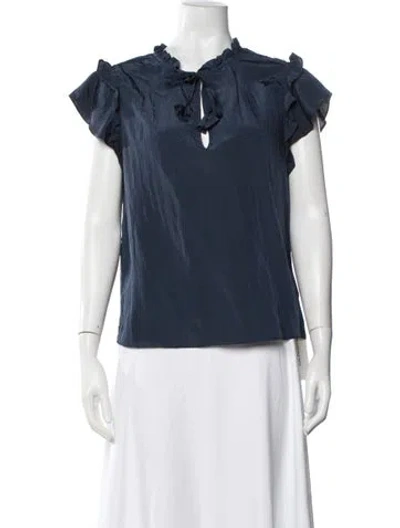 Pre-owned Misa Tie Neck Short Sleeve Blouse In Blue