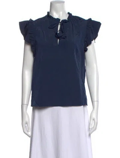 Pre-owned Misa Tie Neck Short Sleeve Blouse In Blue