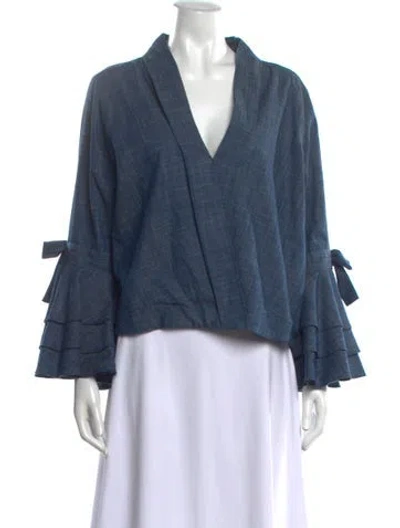 Pre-owned Misa V-neck Long Sleeve Blouse In Blue