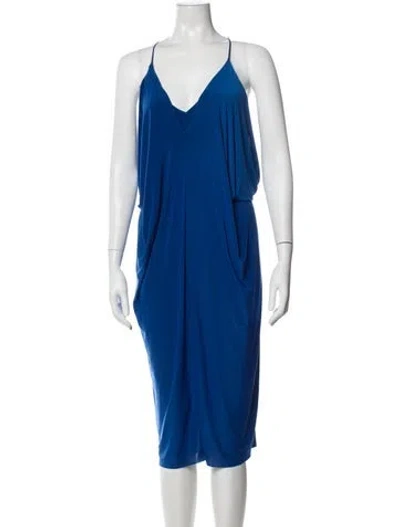 Pre-owned Misa V-neck Midi Length Dress In Blue