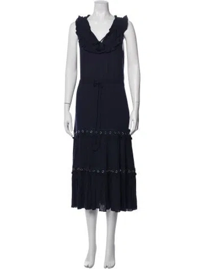 Pre-owned Misa V-neck Midi Length Dress In Blue