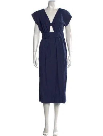 Pre-owned Misa V-neck Midi Length Dress In Blue