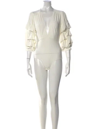 Pre-owned Misa V-neck Three-quarter Sleeve Bodysuit In White