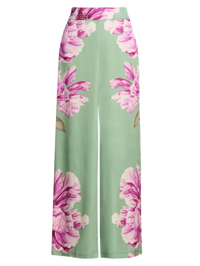 Misa Women's Izzie Floral Satin High-rise Wide-leg Pants In Green