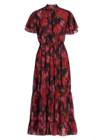 Misa Women's Safiya Blurred Floral Ruffle Midi-dress In Red