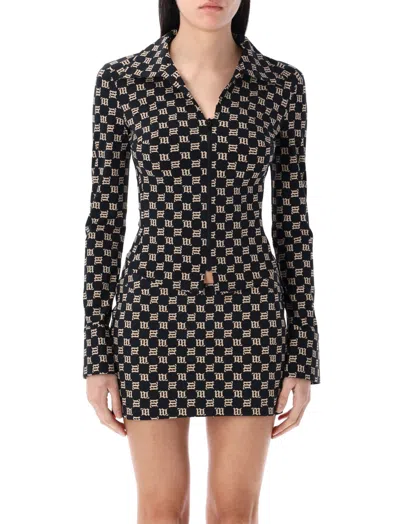 Misbhv Monogram Wide Collar Zip Up Shirt In Black