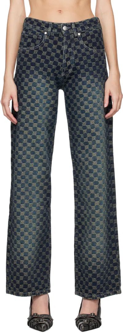 Misbhv Blue Jacquard Monogram Jeans In Dark Blue