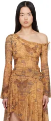 Misbhv Brown Goa Mesh Off-shoulder Longsleeve T-shirt In Brown