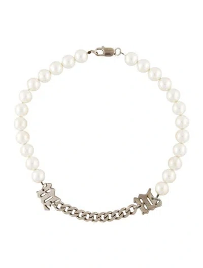 Pre-owned Misbhv Faux Pearl & Curb Link Choker Necklace, 15" In White