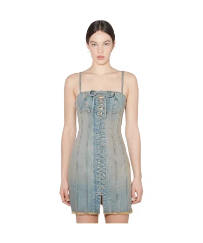 Misbhv Lara Lace-up Denim Dress In Blue