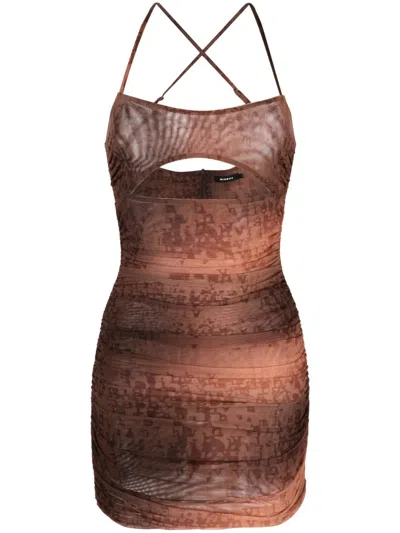 Misbhv Letter-print Ruched Mini Dress In Brown
