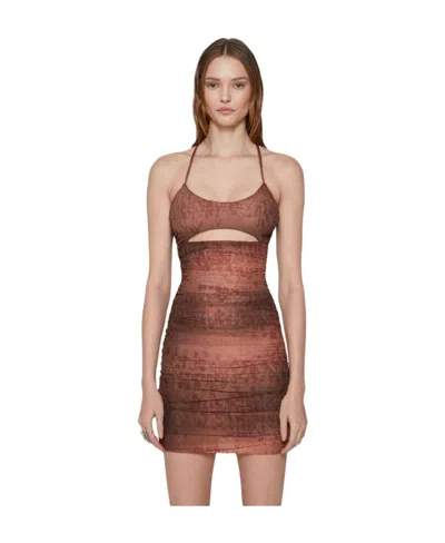 Misbhv Letter-print Ruched Mini Dress In Brown
