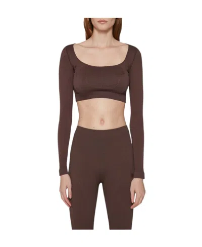 Misbhv Long-sleeve Cropped Knitted Top In Brown