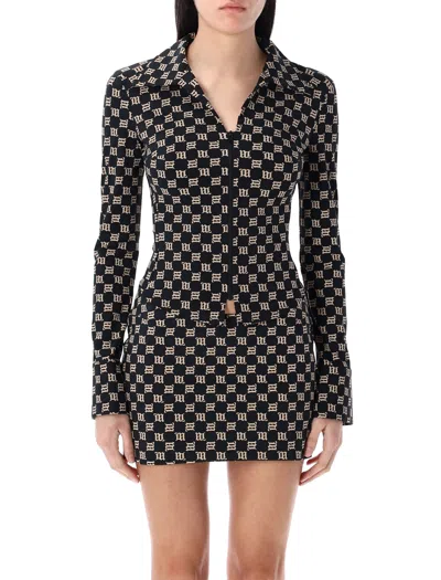 Misbhv Monogram Wide Collar Zip Up Shirt In Black