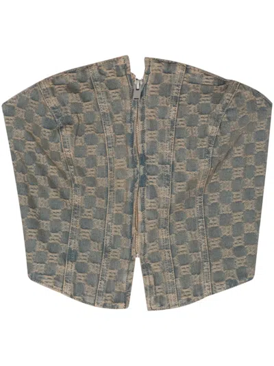 Misbhv Monogram-jacquard Denim Corset Top In Blue