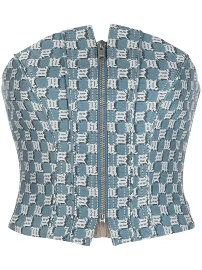 Misbhv Monogram-jacquard Strapless Corset Top In Blue