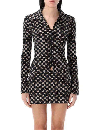 Misbhv Monogram Wide Collar Zip Up Shirt In Black