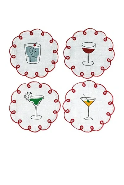 Misette Embroidered Linen Coasters Set Of 4 In Red  Blue  Amber  & Green