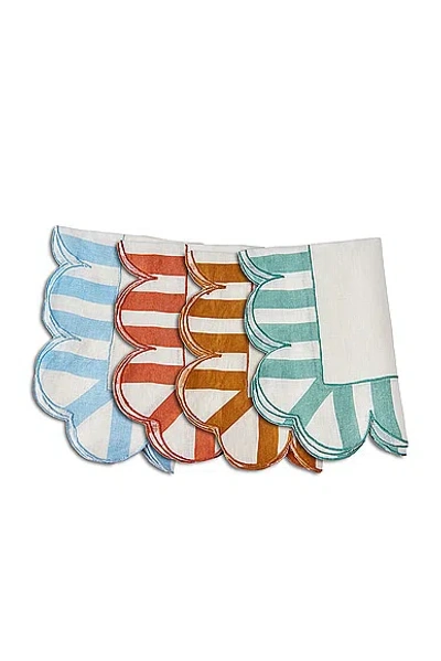 Misette Embroidered Linen Scalloped Stripe Napkins Set Of 4 In Multi