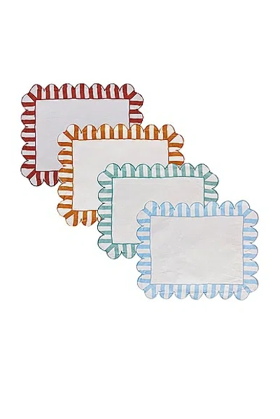 Misette Embroidered Linen Scalloped Stripe Placemats Set Of 4 In Multi