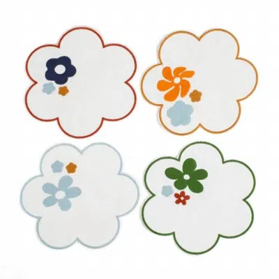 Misette Floral Embroidered Linen Coasters - Set Of 4 In White
