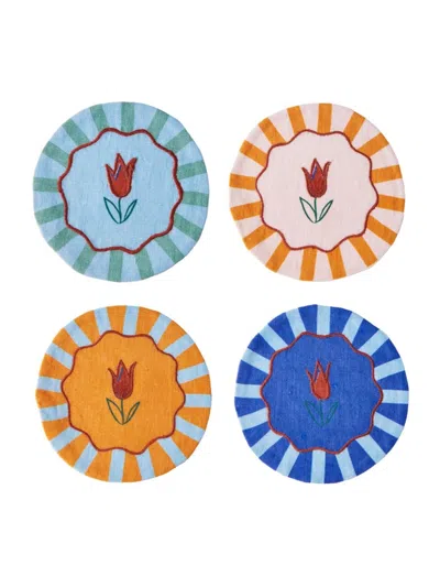 Misette Jardin 4-piece Embroidered Linen Coasters Set In Multi