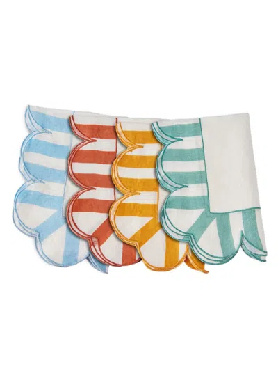 Misette Jardin 4-piece Embroidered Linen Scalloped Stripe Napkin Set In Multi