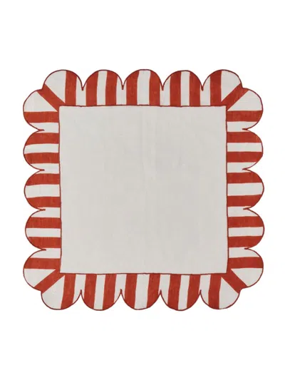 Misette Jardin 4-piece Embroidered Linen Scalloped Stripe Napkin Set In Red