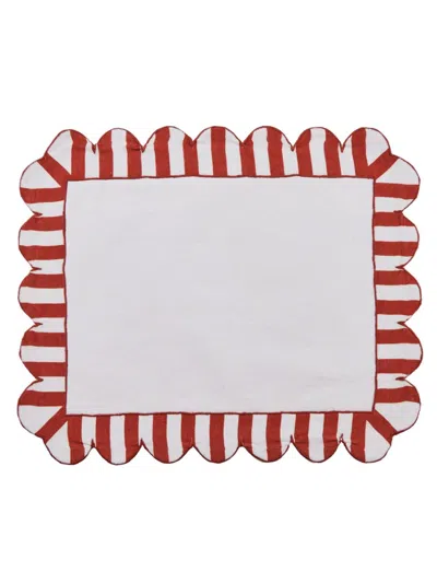 Misette Jardin 4-piece Embroidered Linen Scalloped Stripe Placemat Set In Red