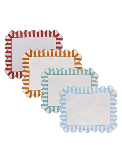 Misette Jardin 4-piece Embroidered Linen Scalloped Stripe Placemat Set In Multi