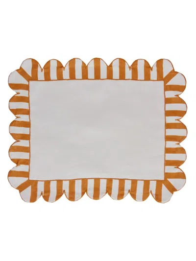 Misette Jardin 4-piece Embroidered Linen Scalloped Stripe Placemat Set In Amber