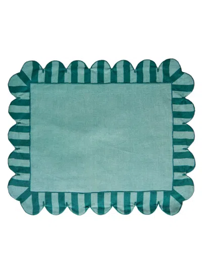 Misette Jardin 4-piece Embroidered Linen Scalloped Stripe Placemat Set In Green